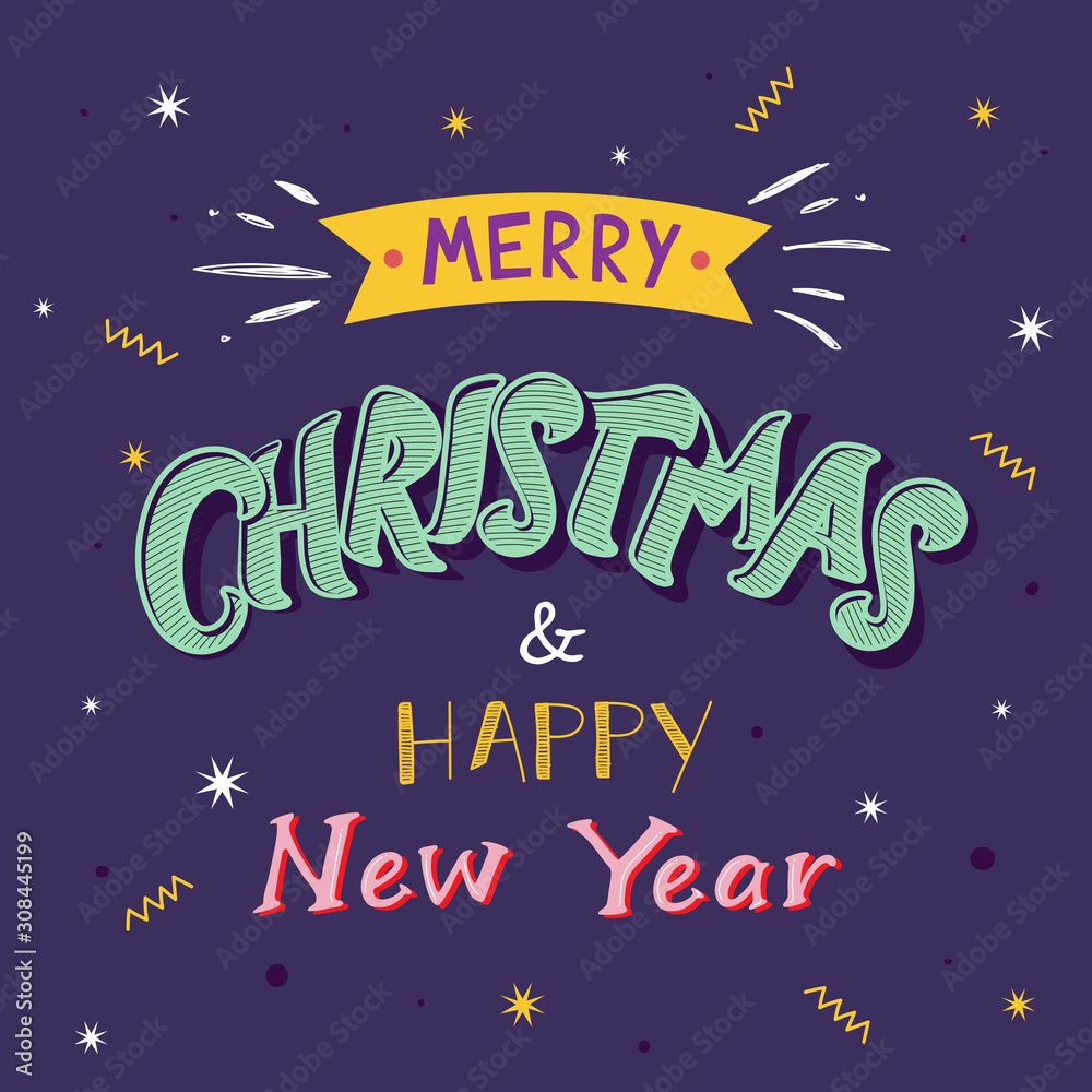 Colorful Merry Christmas & Happy New Year Text with Stars on Purple Background.