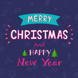 Pink and White Text of Merry Christmas & Happy New Year on Purple Xmas Festival Elements Background in Flat Style.