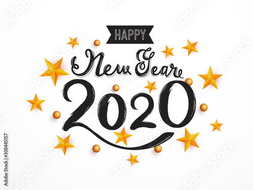Creative Black Text Happy New Year 2020 Decorated with 3D Stars and Spheres on White Background.