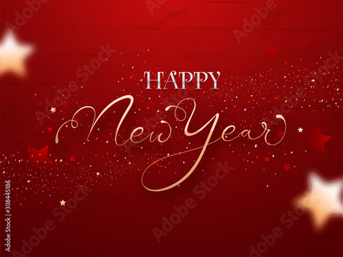 Golden and Silver Text Happy New Year with Confetti on Red Wooden Texture Background