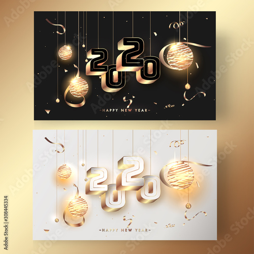 3D 2020 Text with hanging Illuminated Baubles and Golden Confetti Ribbon Decorated Background in Two Color Option.