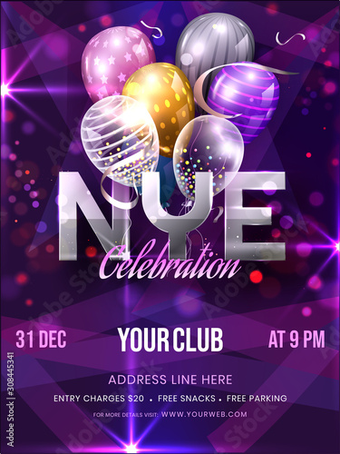NYE Celebration Invitation, Template or Flyer Design with Balloons and Event Details on Purple Bokeh Light Effect Background.
