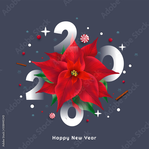 2020 Text with Poinsettia Flower, Candy, Red Berries and Cinnamon Decorated on Grey Background for Happy New Year Celebration.