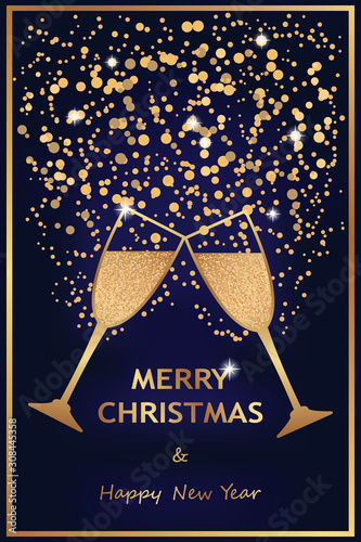Merry Christmas or Happy New Year greeting card template with golden frame and sparkling champagne glasses on a navy blue background.