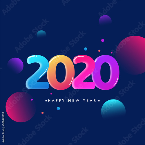 Glossy Colorful Number 2020 and Abstract Circles on Blue Background for Happy New Year Celebration.