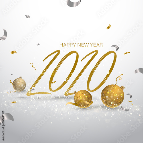 2020 Text written by Golden Brush with Baubles and Bokeh Effect on Grey Background for Happy New Year Celebration.