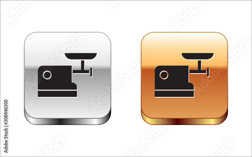 Black Kitchen meat grinder icon isolated on white background. Silver-gold square button. Vector Illustration