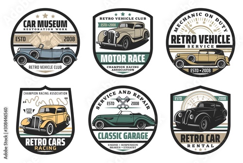 Car restoration and motor race, retro vehicles museum isolated icons. Vector vintage vehicle exhibition, motocross championship racing. Garage service, rental and repair, mechanic on duty