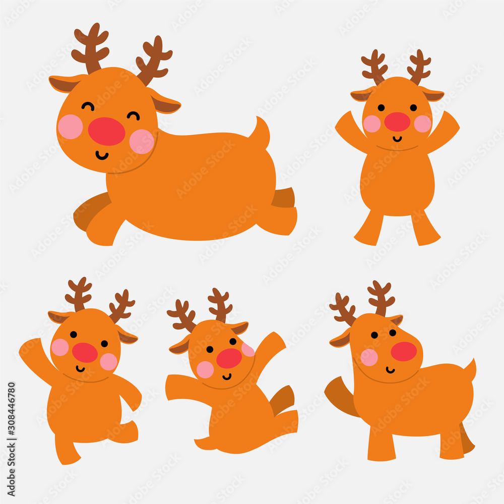 happy reindeer in action illustration set happy reindeer in action illustration set