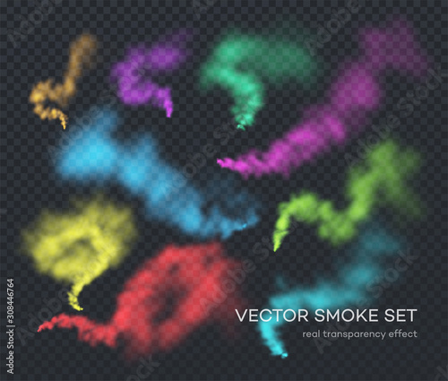 Vector smoke. A set of different color realistic insulated transparent effects of smoke. The real effect of transparency