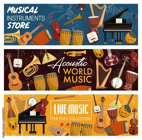 Musical instruments, folk and acoustic, music store. Vector orchestra violin and piano, contrabass and guitar. Harp and trumpet, flute pipe and maracas, percussion ethnic pipe