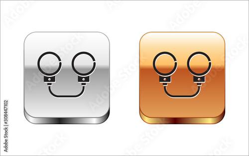 Black Handcuffs icon isolated on white background. Silver-gold square button. Vector Illustration