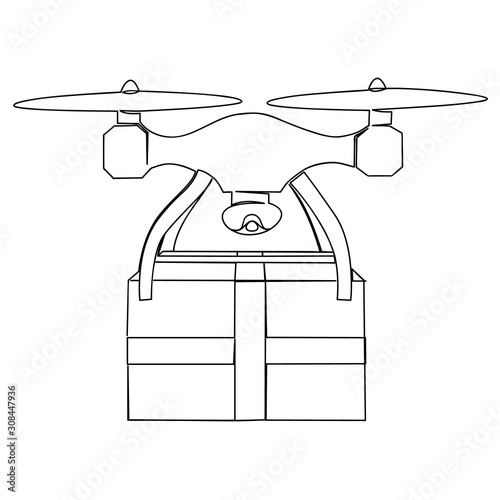 The drone delivers the package. Drawn by hand in one continuous line. Isolated stock vector illustration.