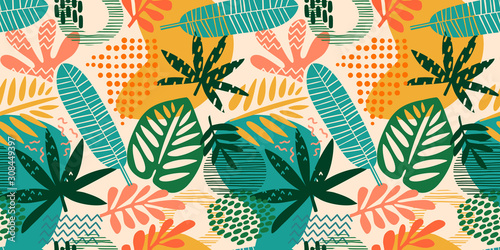 Abstract seamless pattern with tropical leaves. Hand draw texture. Vector.