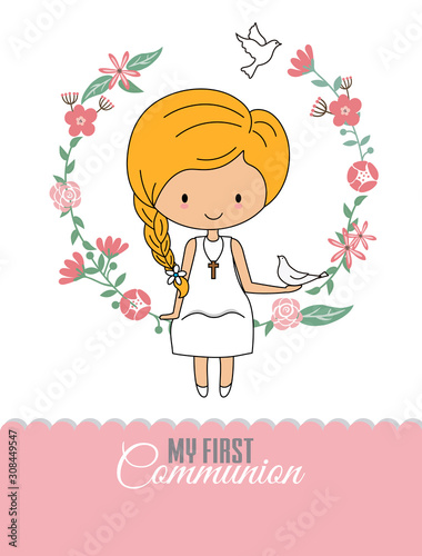 Communion card girl. Girl sitting in a flower frame with a dove in her hand