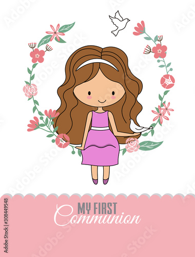 Communion card girl. Girl sitting in a flower frame with a dove in her hand