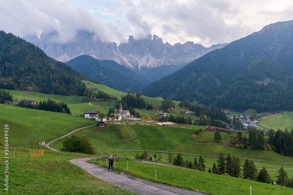 Landscapes of the small village in Val di Funes, Dolomite Alps, South Tyrol, Italy, Europe