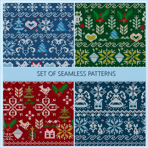 Vector set of seamless patterns with knitted elements for Christmas theme.