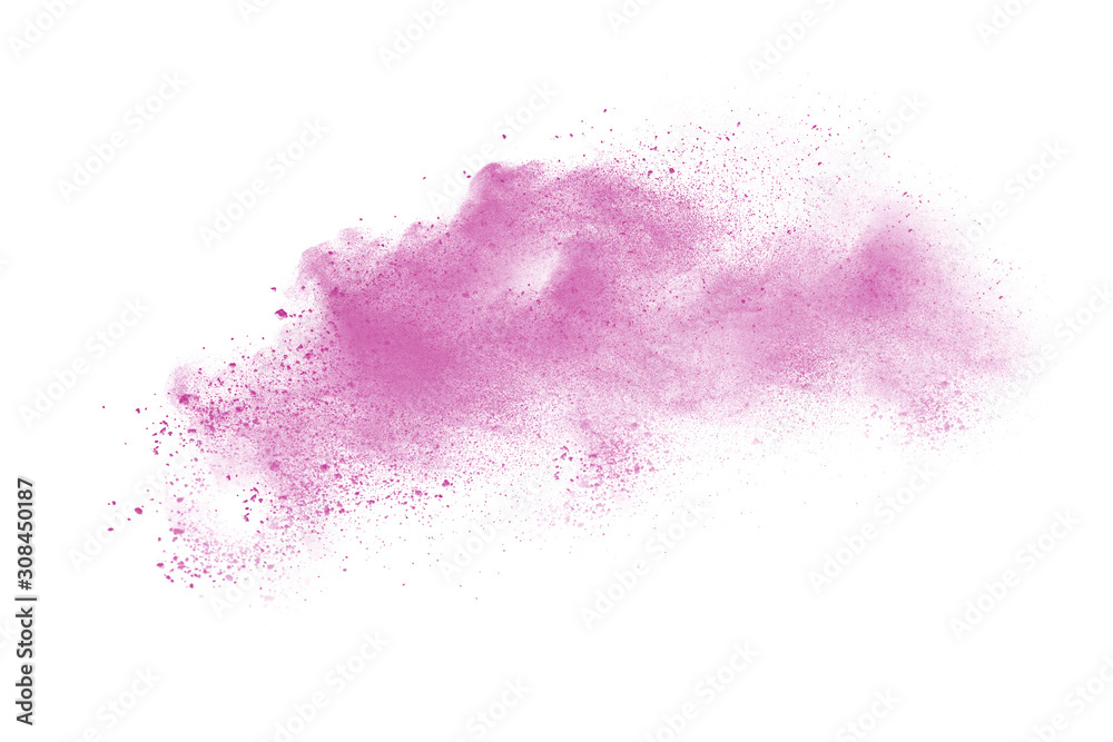 Pink powder explosion on white background. Paint Holi.