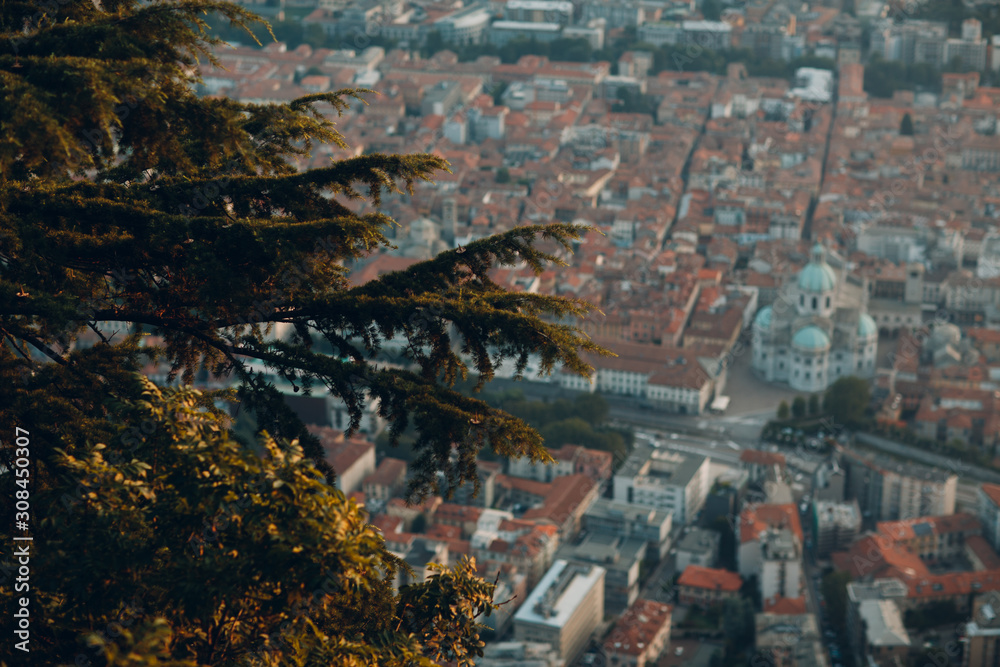 Top view of the city of Como, Italy. Mountains, port and bay.