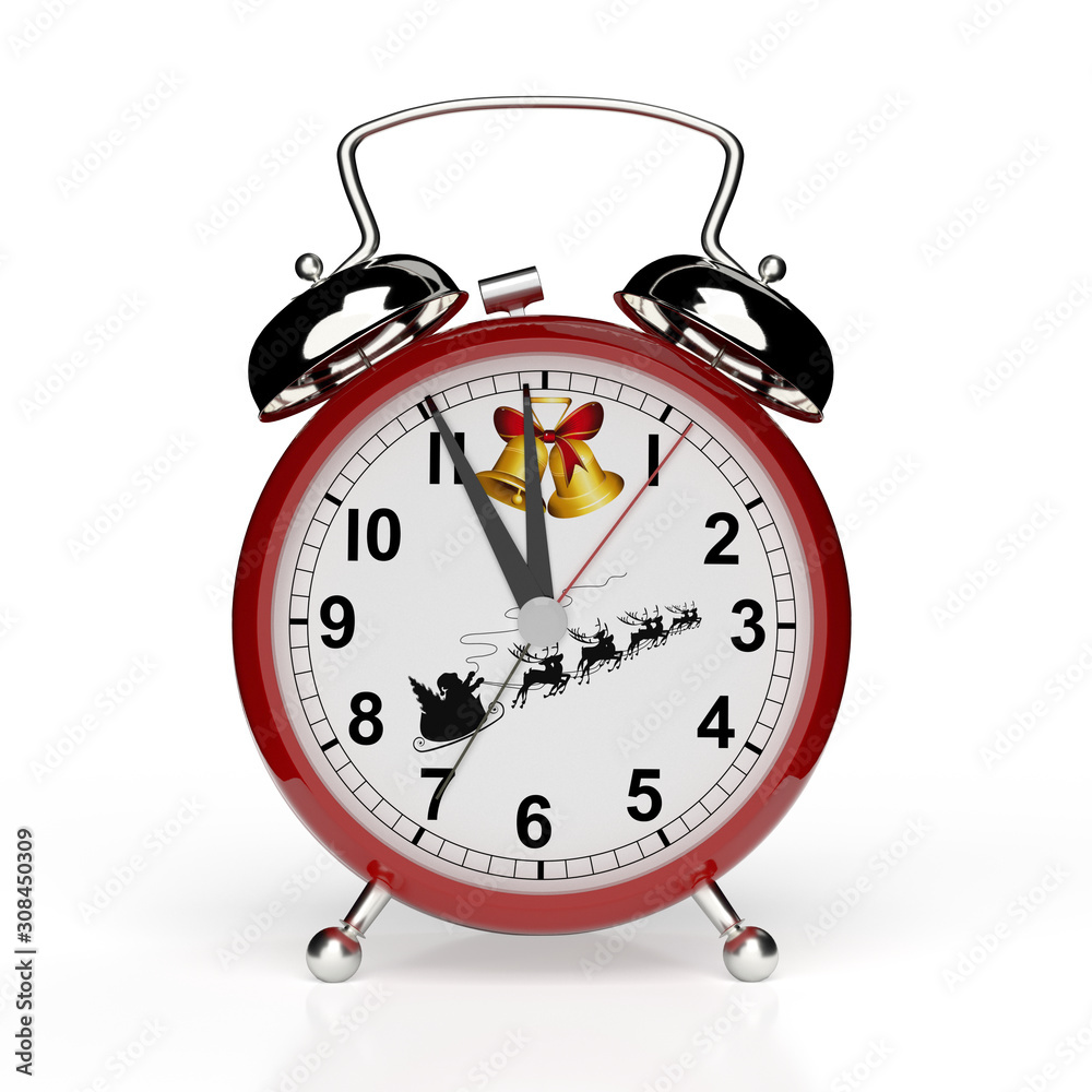 It's christmas time. Alarm clock isolated on white background. 3D rendering.