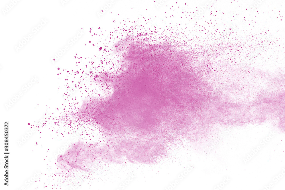 Pink powder explosion on white background. Paint Holi.