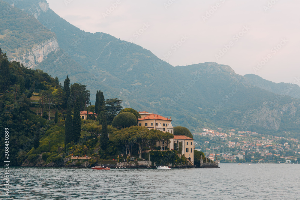 Villa Balbianello, Lake Como, Italy. View from boat outside.