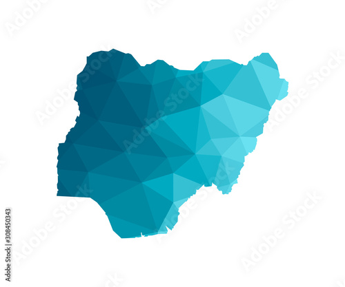 Vector isolated illustration icon with simplified blue silhouette of Nigeria map. Polygonal geometric style, triangular shapes. White background