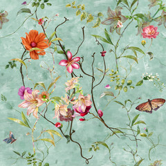 Stickers Vintage bloemen patronen Aquarel bladeren en bloemen naadloos  © photoiget
