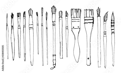 Vector sketch of different types of brushes for watercolor. Artistic brushes for creativity.