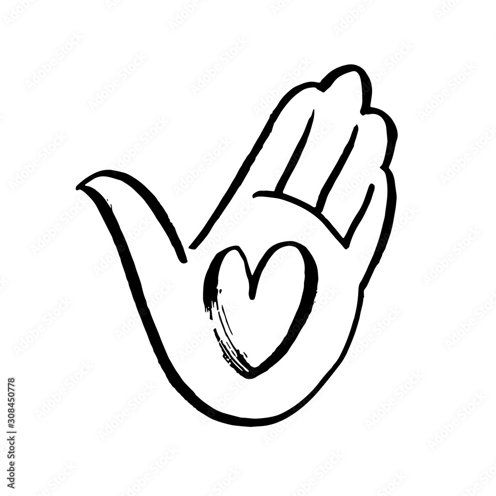 Heart in hand. Heart in the palm of her hand. Vector hand drawn