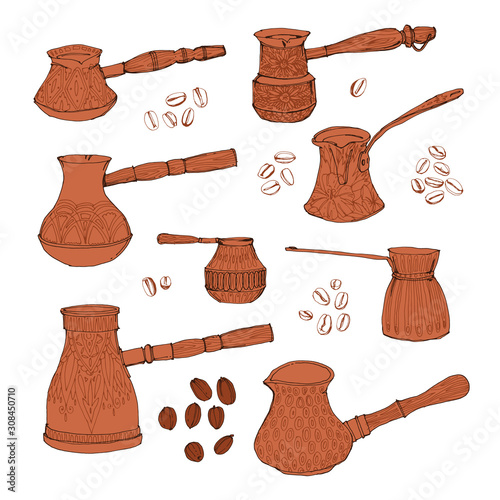 Drawings of Turks for coffee. Vector hand-drawn illustration.