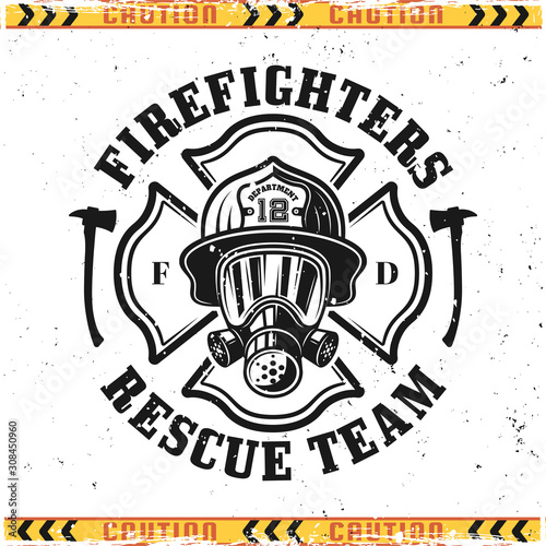 Firefighter head in gas mask vector emblem