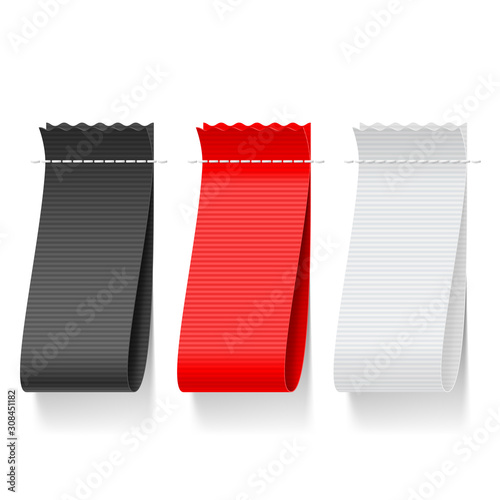Black, Red and White Clothing Label on White Background. Clothing Fabric Tag Stitch, Realistic Bright Blank Badges with Copy Space for Text