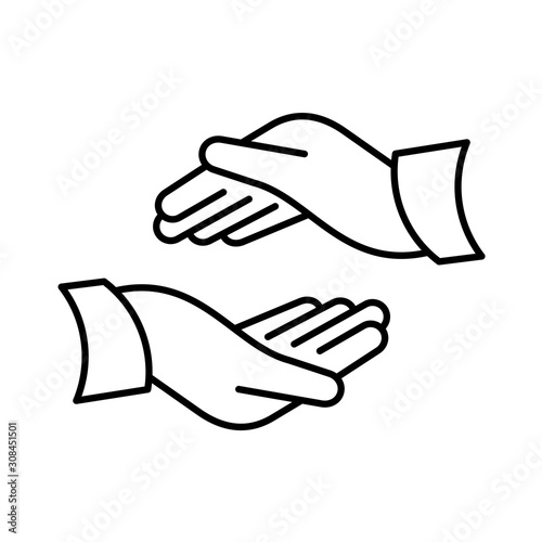Two hands icon as protect, support or care symbols. Open hand palms symbol. Adjustable stroke width.