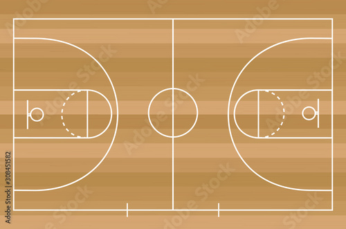 Basketball on Court Floor close up with blurred arena in background. Vector illustration. © Anucha