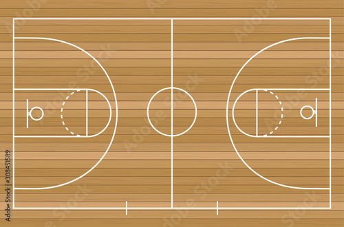 Basketball on Court Floor close up with blurred arena in background. Vector illustration.