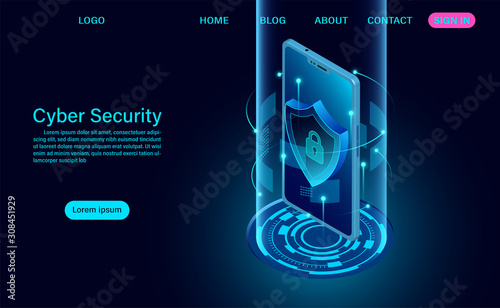 Cyber security concept banner. protect data and confidentiality and data privacy protection concept with icon of a shield and mobile. flat isometric vector illustration