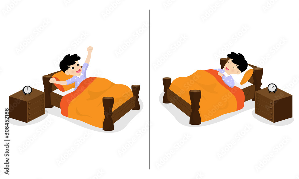 Cute boy or child is sleeping and wake up at bed on night time isolated on background. Vector illustration in flat cartoon style. Stock Vector | Adobe Stock Cute boy or child is sleeping and wake up at bed on night time isolated on background. Vector illustration in flat cartoon style. Stock Vector | Adobe Stock