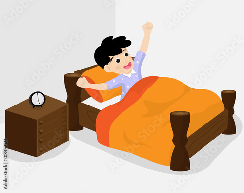 Cute boy or child wake up at bed on morning time isolated on background. Vector illustration in flat cartoon style.