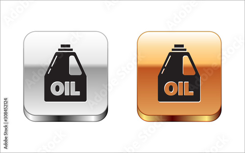 Black Plastic canister for motor machine oil icon isolated on white background. Oil gallon. Oil change service and repair. Silver-gold square button. Vector Illustration