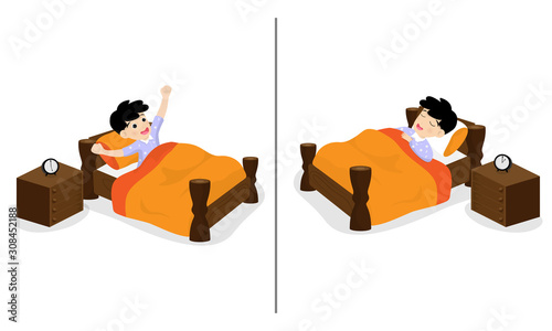 Cute boy or child is sleeping and wake up at bed on night time isolated on background. Vector illustration in flat cartoon style.