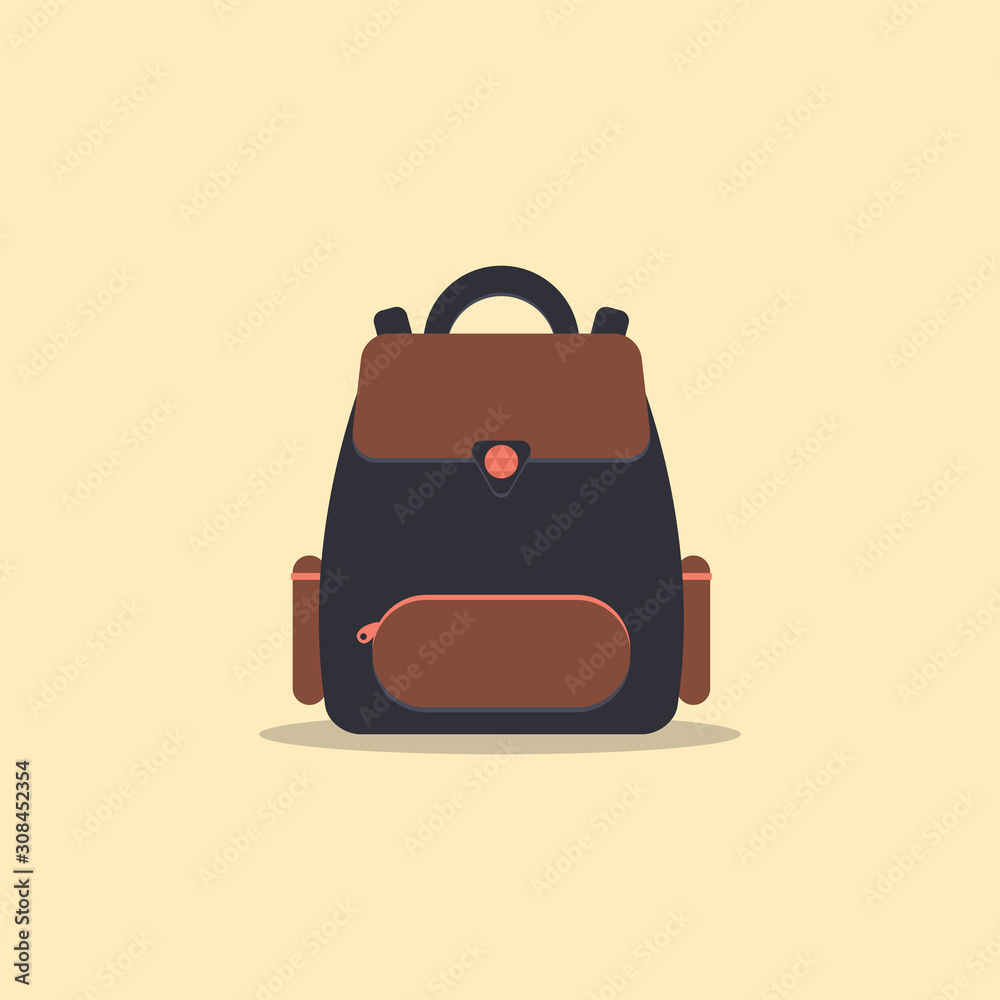 Cute school unisex backpack. Schoolbag for students for education and study, back to school, rucksack, luggage, pack. Large Front Pocket.Reflective lock for safety on school way.Vector illustration Cute school unisex backpack. Schoolbag for students for education and study, back to school, rucksack, luggage, pack. Large Front Pocket.Reflective lock for safety on school way.Vector illustration