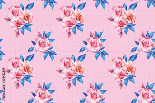 Horizontal seamless pattern pink rose blue leaves