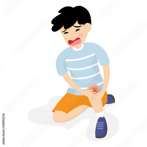 Cute little boy is tear and falling knee pain isolated on background. Vector illustration in flat cartoon style.