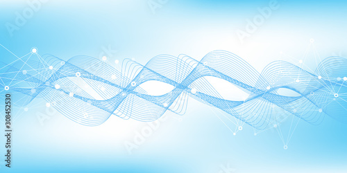 Big Genomic Data Visualization. DNA helix, DNA strand, DNA Test. CRISPR CAS9 - Genetic engineering. Molecule or atom, neurons. Abstract structure for Science or medical background, banner. Wave flow.