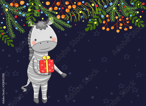 Christmas card with a cute zebra. Vector illustration of Christmas theme. Palce your text.