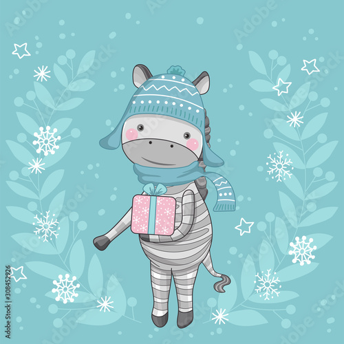 Christmas card with a cute zebra. Vector illustration of Christmas theme. Palce your text.