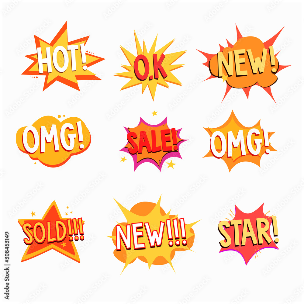 Collection of Cartoon, Comic Speech Bubbles. Colored Dialog Clouds with Pop Art Style Collection of Cartoon, Comic Speech Bubbles. Colored Dialog Clouds with Pop Art Style
