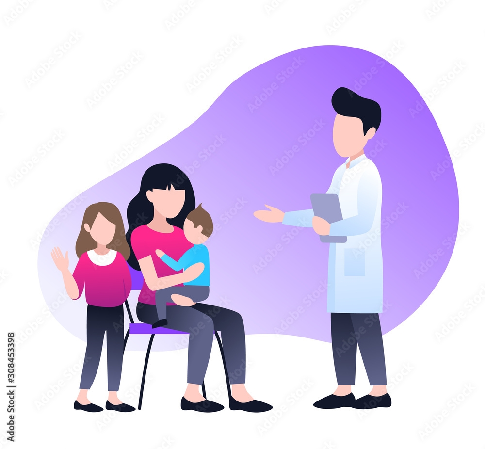 Pediatric clinic. Clinical pediatric checkup, mother holding sick toddler and doctor with stethoscope listening his lungs. healthcare vector illustration Pediatric clinic. Clinical pediatric checkup, mother holding sick toddler and doctor with stethoscope listening his lungs. healthcare vector illustration